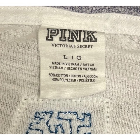 PINK Victoria's Secret Long Sleeve V Neck Sequin Graphic Shirt LARGE Navy Blue - Picture 6 of 6